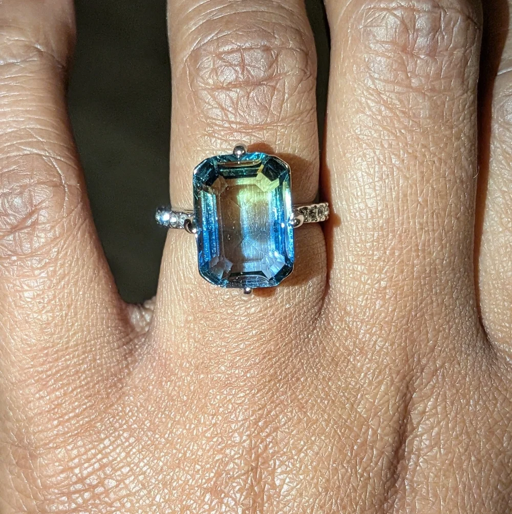 Blue/Green Tourmaline Ring, 14K White Gold Plated Double Color Gemstone Sz 6